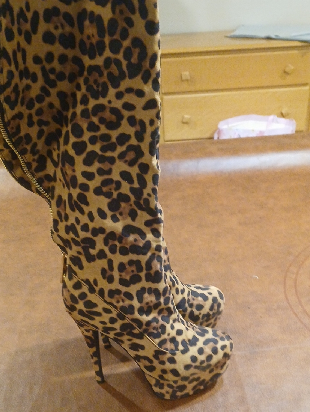 Anne Michelle Leopard Print Over-the-Knee Platform Boots - Tan & Black